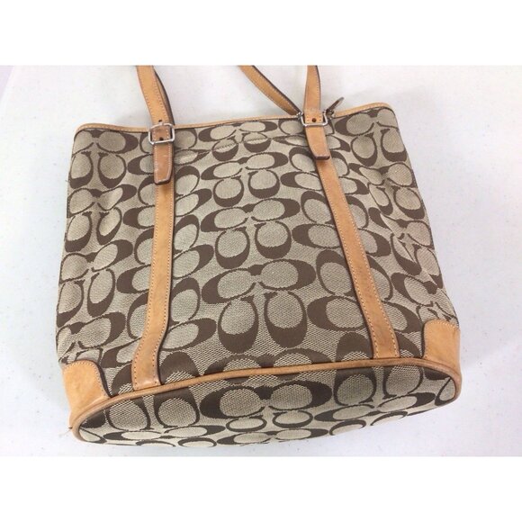 Coach Tote Bag Canvas Brown Print Leather Trim - Picture 7 of 9